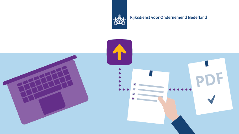Illustratie van een laptop en documenten van bovenaf gezien